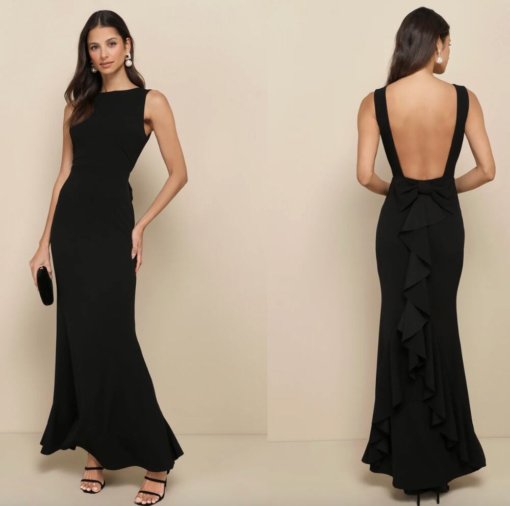 Lulus Exquisite Refinement Black Backless Bow Ruffled Maxi Dress Formal XS NWT